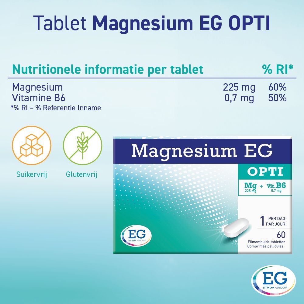 Voedingswaarde per tablet Magnesium EG OPTI. Blauwe verpakking met witte tabletten. Bevat magnesium en vitamine B6.