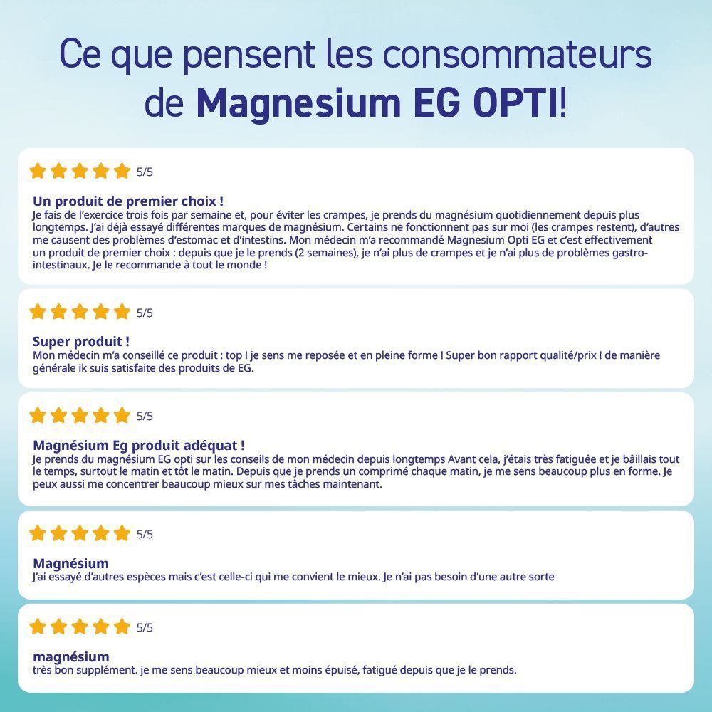 Avis des consommateurs sur Magnesium EG OPTI. Boîte bleue avec comprimés blancs. 60 comprimés.
