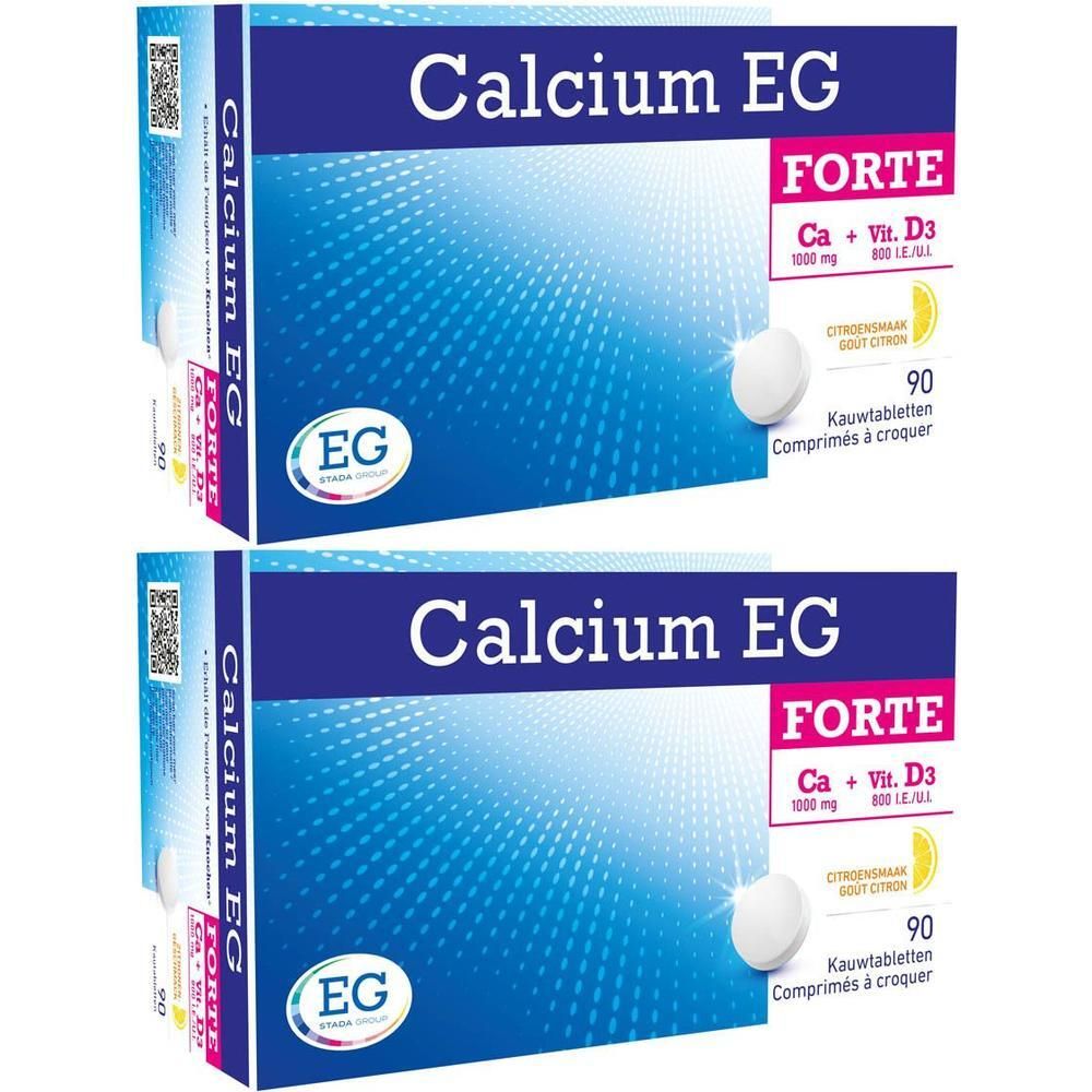 Deux boîtes de Calcium EG Forte. Inscription: Calcium EG Forte, Ca + Vit. D3, 1000 mg, 800 U.I., Goût Citron, 90 comprimés à croquer.