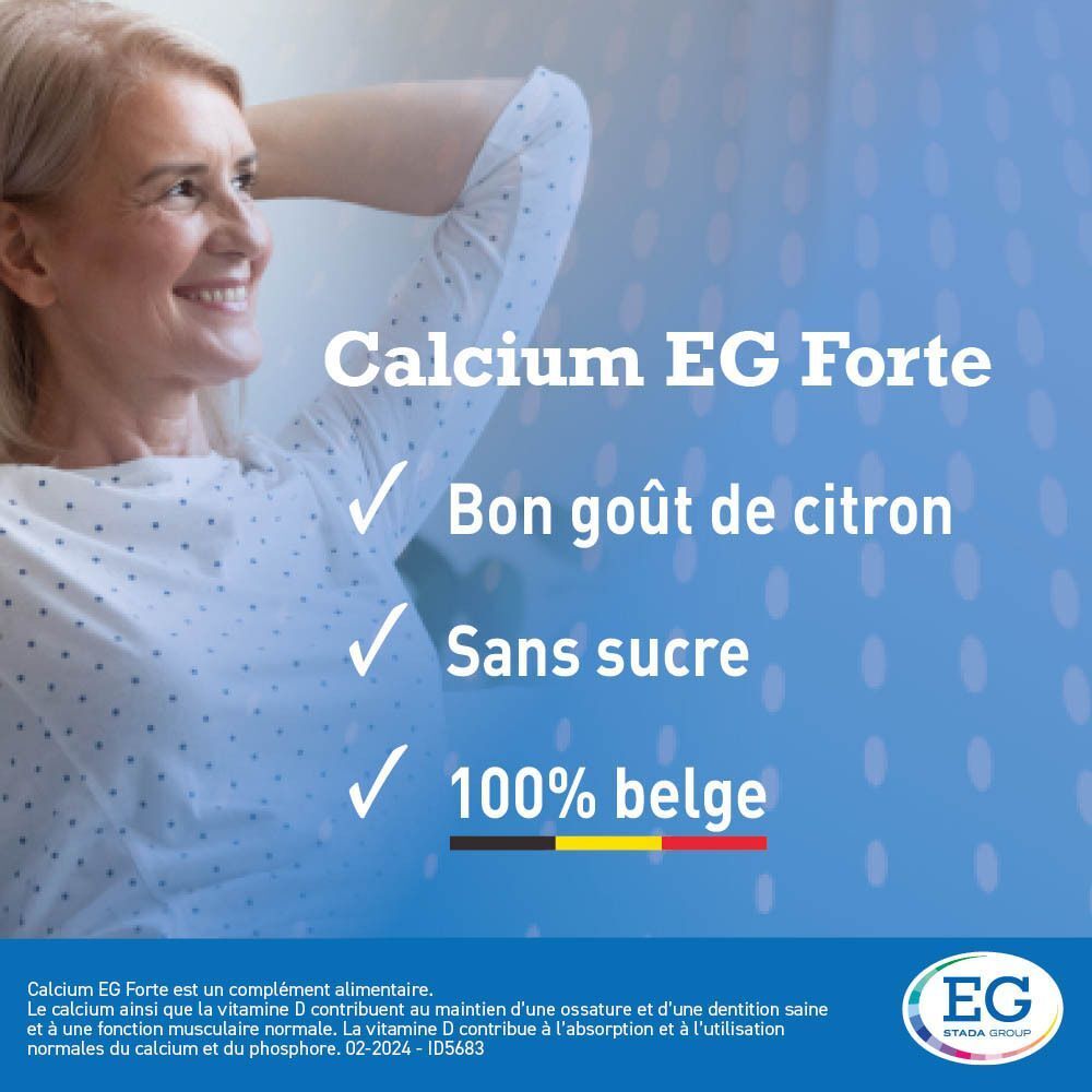 Femme souriante. Texte: Calcium EG Forte, Bon goût de citron, Sans sucre, 100% belge. Logo EG. Texte en bas: Complément alimentaire.