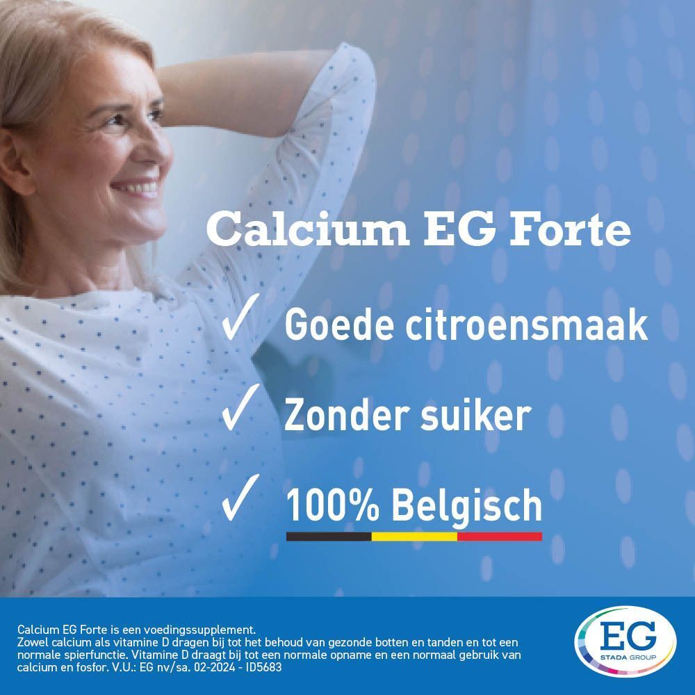 Lachende vrouw. Tekst: Calcium EG Forte, Goede citroensmaak, Zonder suiker, 100% Belgisch. Logo EG. Tekst onderaan: Voedingssupplement.