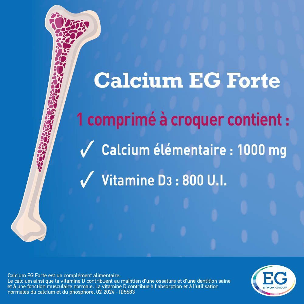 Os avec texte: Calcium EG Forte, 1 comprimé à croquer contient: Calcium élémentaire: 1000 mg, Vitamine D3: 800 U.I. Logo EG.
