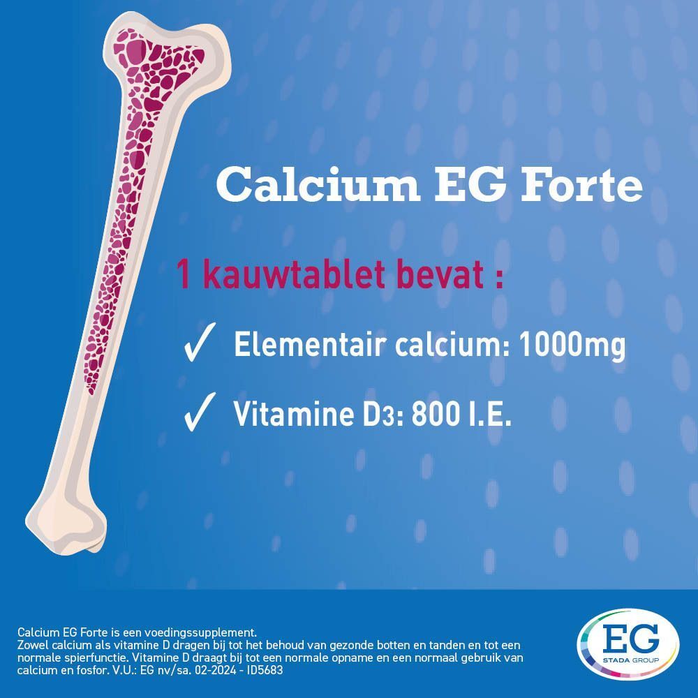 Bot met tekst: Calcium EG Forte, 1 kauwtablet bevat: Elementair calcium: 1000mg, Vitamine D3: 800 I.E. Logo EG.