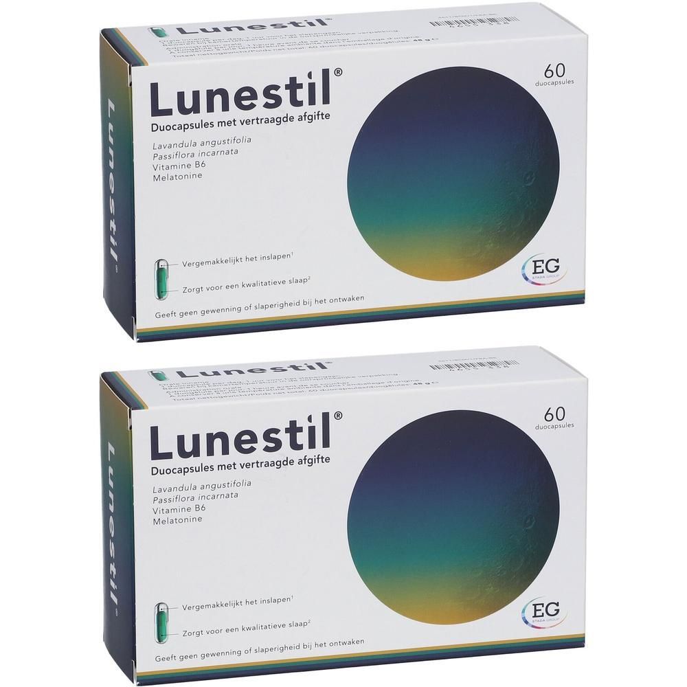 Deux boîtes de Lunestil, duocapsules à libération prolongée. Contient Lavandula, Passiflora, Vitamine B6, Mélatonine. 60 gélules.
