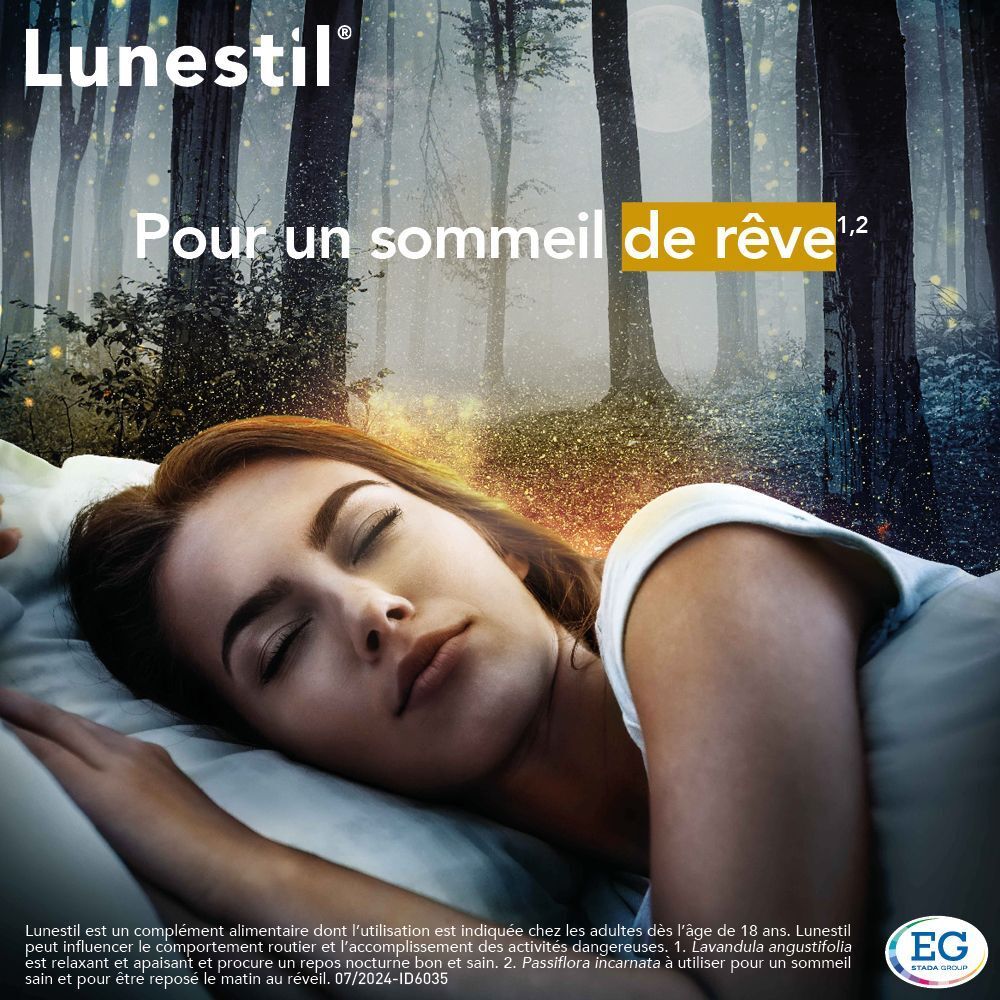 Femme dormant paisiblement dans une forêt. Texte : Pour un sommeil de rêve.