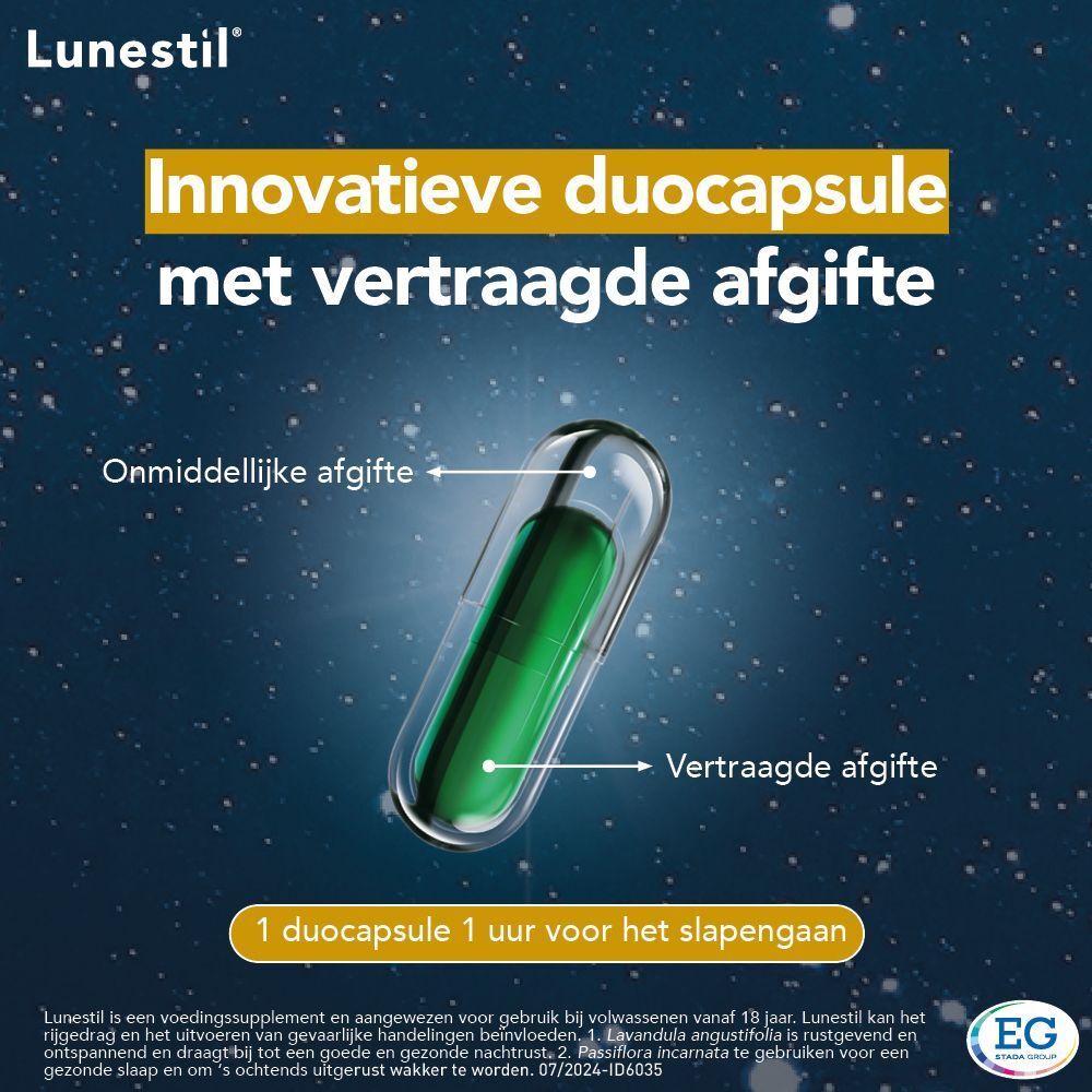 Duocapsule met vertraagde afgifte. Tekst: Innovatieve duocapsule met vertraagde afgifte. 1 uur voor het slapengaan.