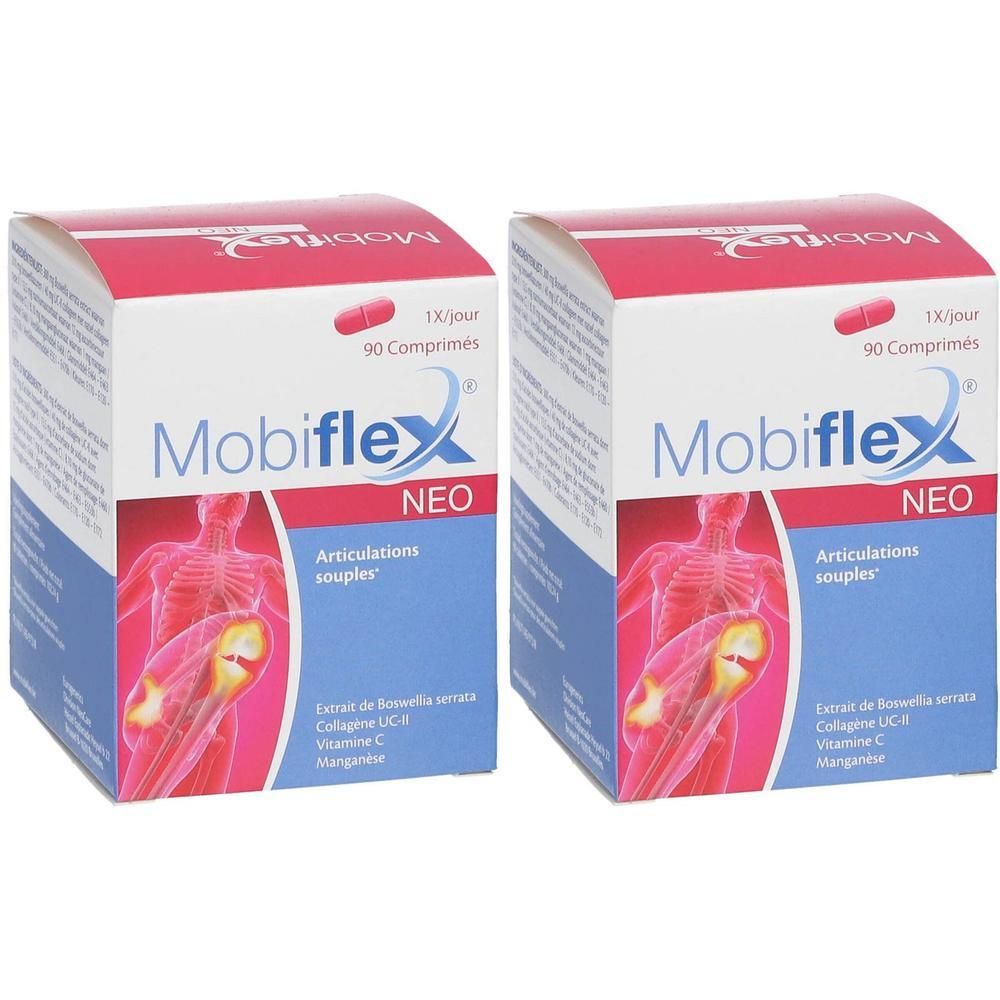 Twee dozen Mobiflex Neo. Opschrift: 90 tabletten, 1/dag. Illustratie van een skelet met gewrichten.