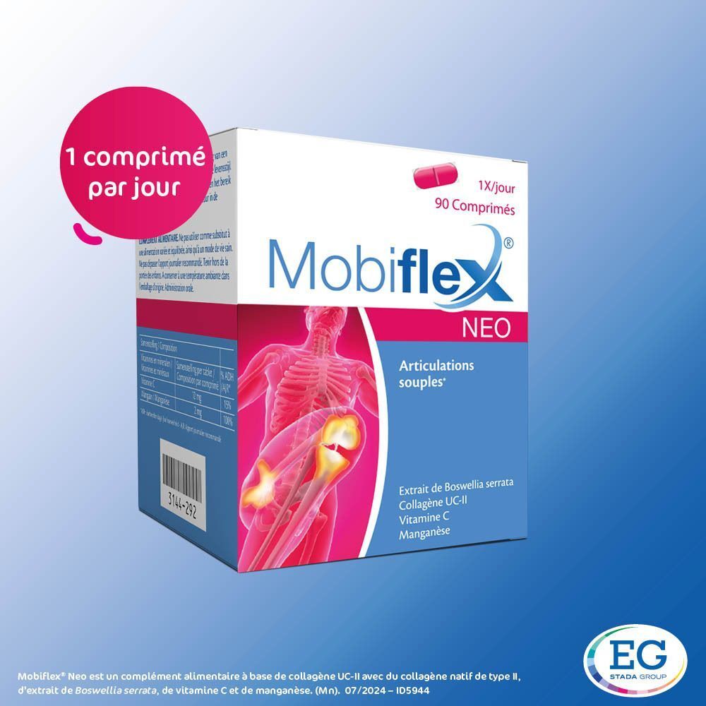 Boîte Mobiflex Neo. Inscription : 90 comprimés, 1/jour. Illustration squelette et articulations. Cercle rose : 1 comprimé par jour.