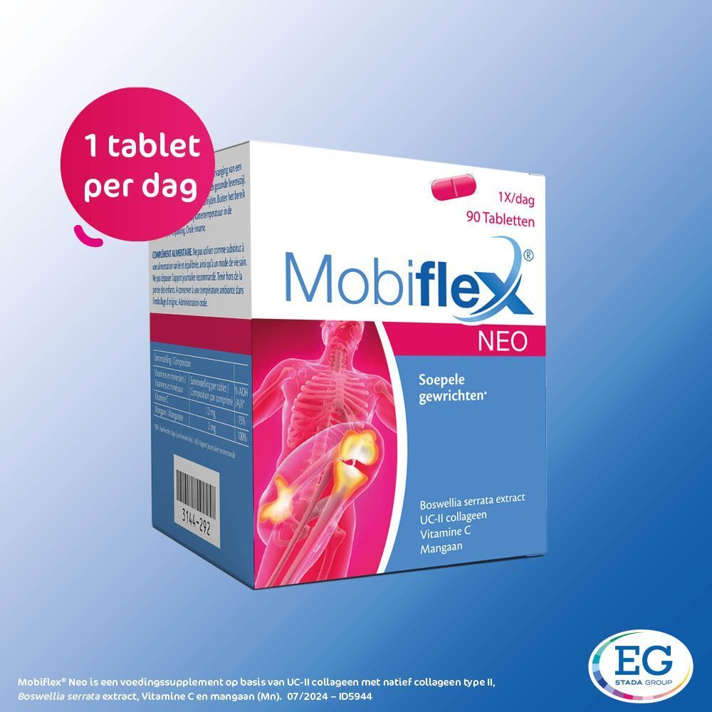 Doos Mobiflex Neo. Opschrift: 90 tabletten, 1/dag. Illustratie skelet met gewrichten. Roze cirkel: 1 tablet per dag.