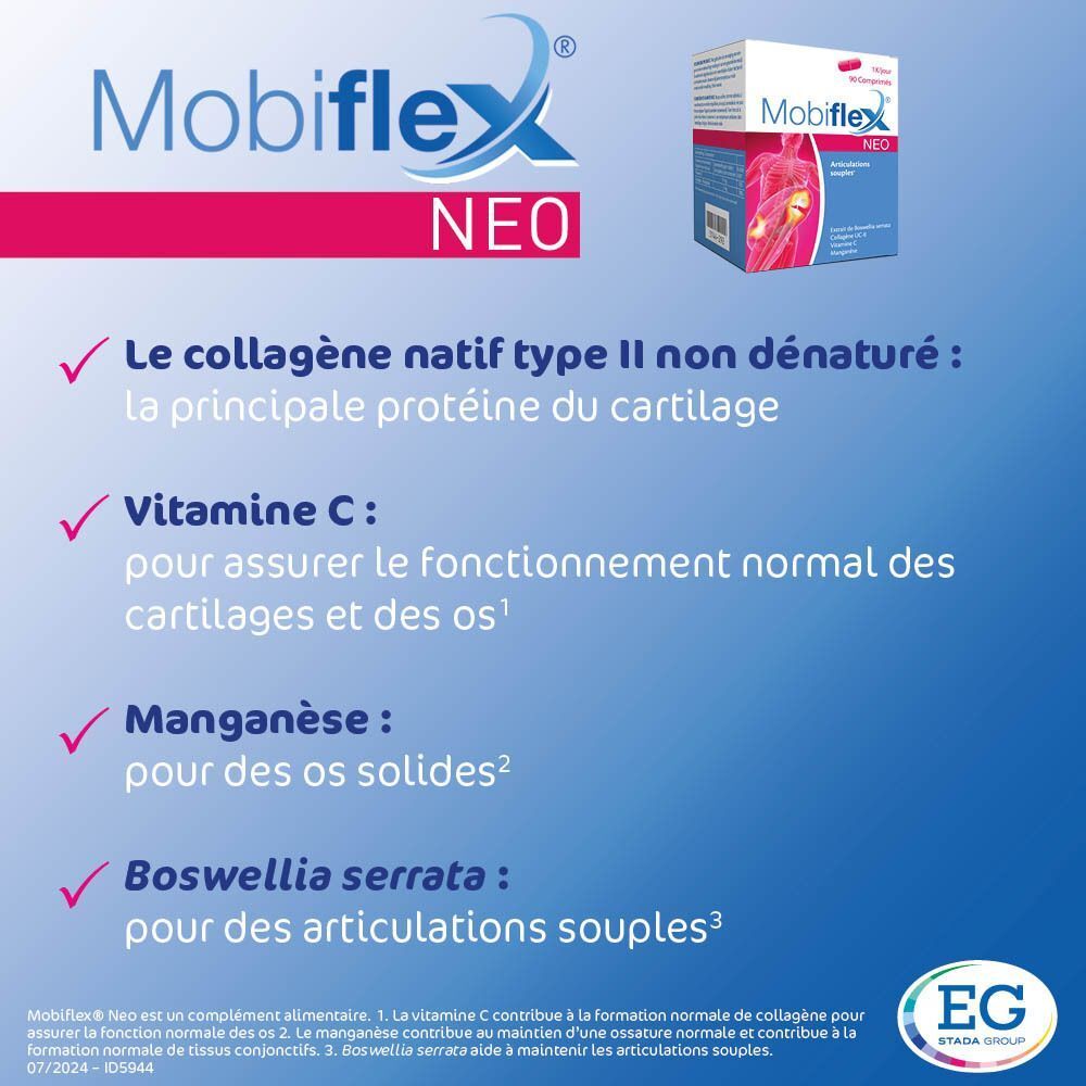 Boîte Mobiflex Neo. Texte : collagène, vitamine C, manganèse, Boswellia serrata. Fond bleu. Logo EG STADA.