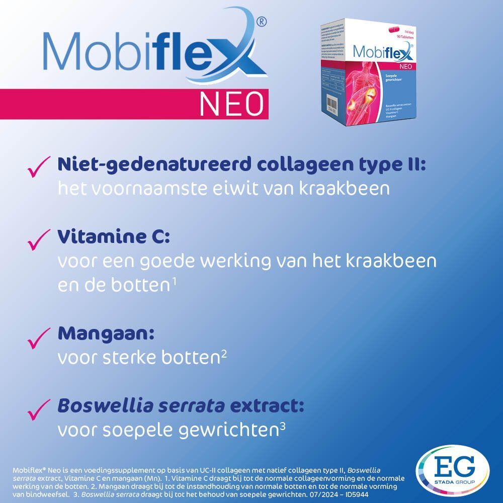 Doos Mobiflex Neo. Tekst: collageen, vitamine C, mangaan, Boswellia serrata. Blauwe achtergrond. EG STADA-logo.