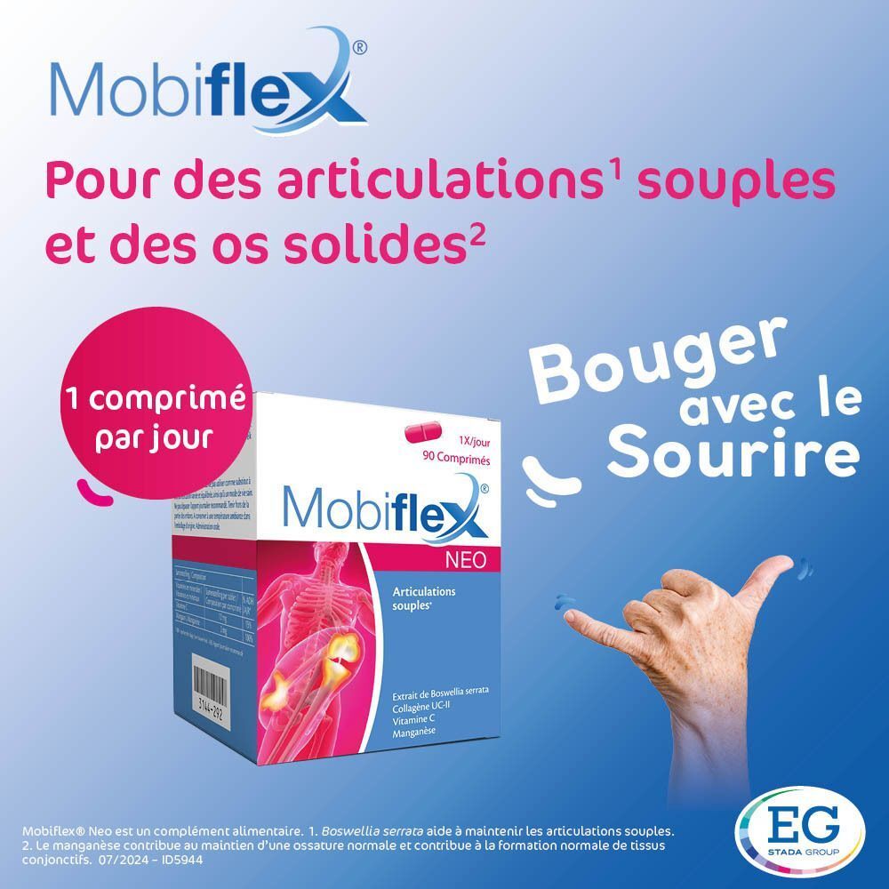 Boîte Mobiflex Neo. Texte : pour articulations souples et os solides. Geste de la main. Fond bleu. Logo EG STADA.