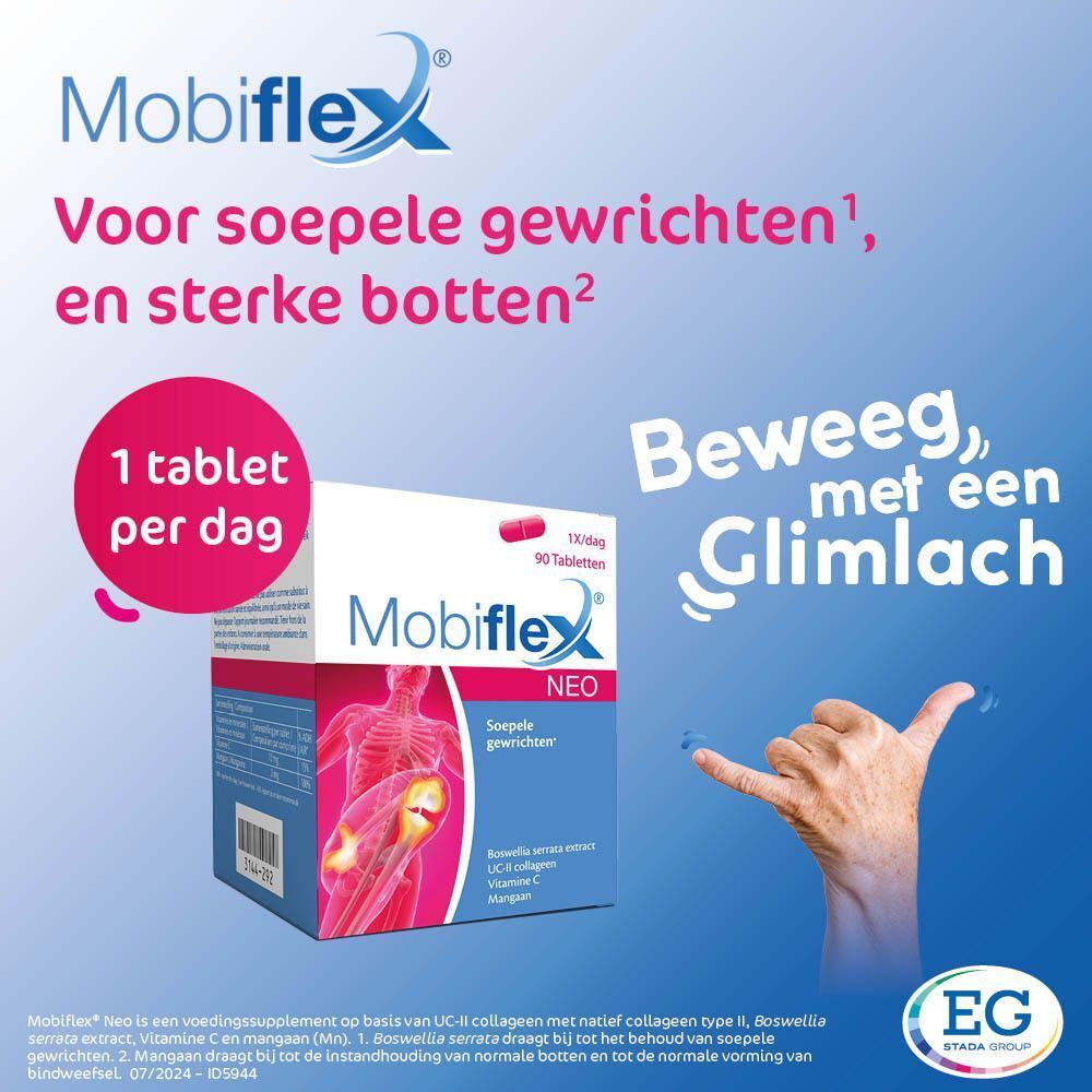 Doos Mobiflex Neo. Tekst: voor soepele gewrichten en sterke botten. Handgebaar. Blauwe achtergrond. EG STADA-logo.
