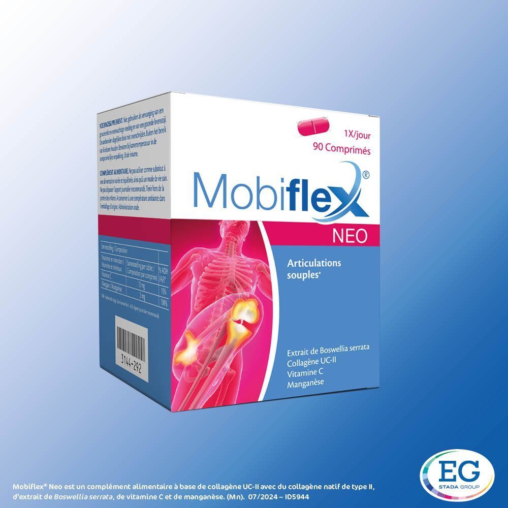 Boîte Mobiflex Neo. Inscription : 90 comprimés, 1/jour. Illustration squelette et articulations. Fond bleu. Logo EG STADA.