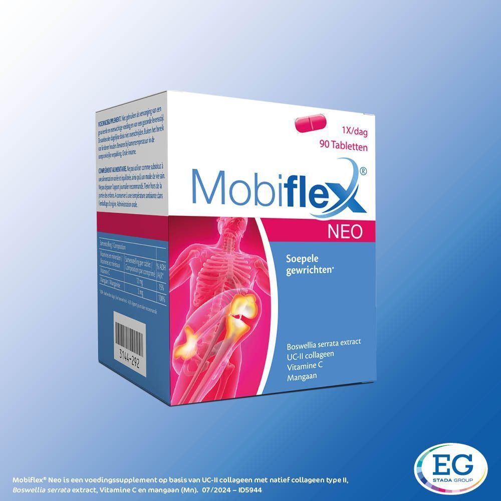 Doos Mobiflex Neo. Opschrift: 90 tabletten, 1/dag. Illustratie skelet met gewrichten. Blauwe achtergrond. EG STADA-logo.