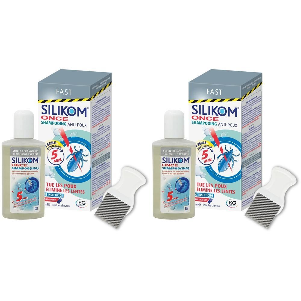 Deux boîtes de Silikom Once Shampooing, Anti-Poux, avec peigne gratuit. Flacons et boîtes avec informations produit.