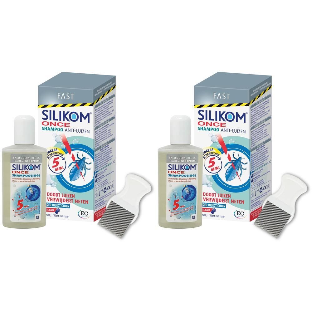 Twee verpakkingen Silikom Once Shampoo Anti-luizen, met gratis kam. Flessen en dozen met productinformatie.