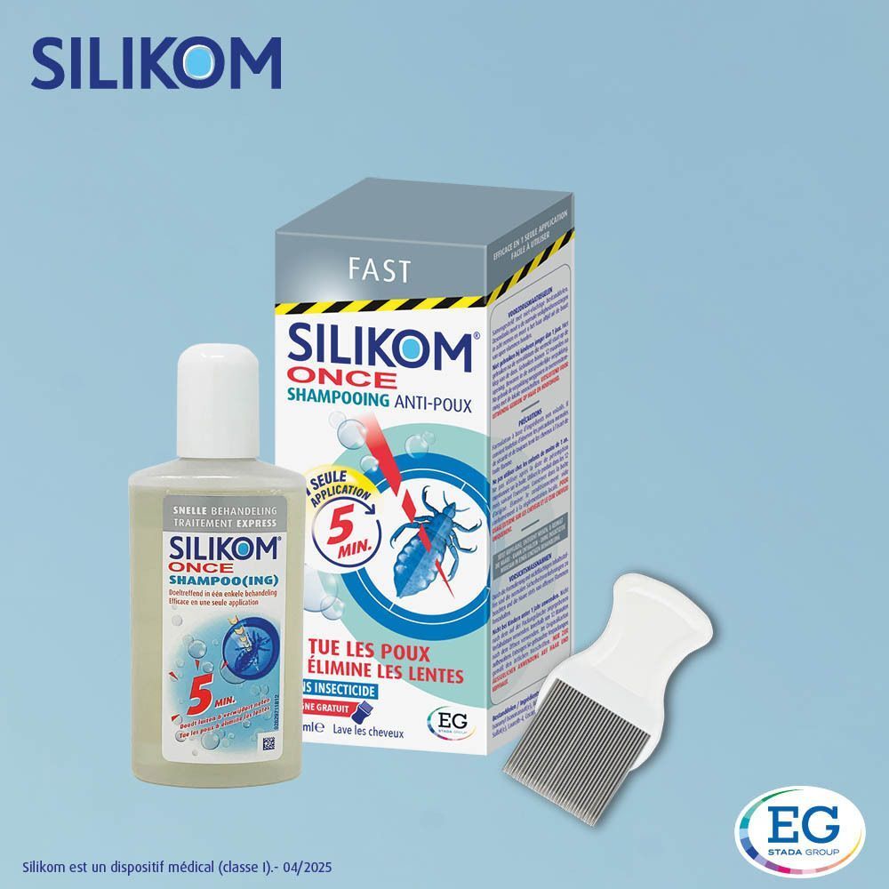 Silikom Once Shampooing, Anti-Poux, flacon, boîte et peigne. Informations produit et logo. Fond bleu.