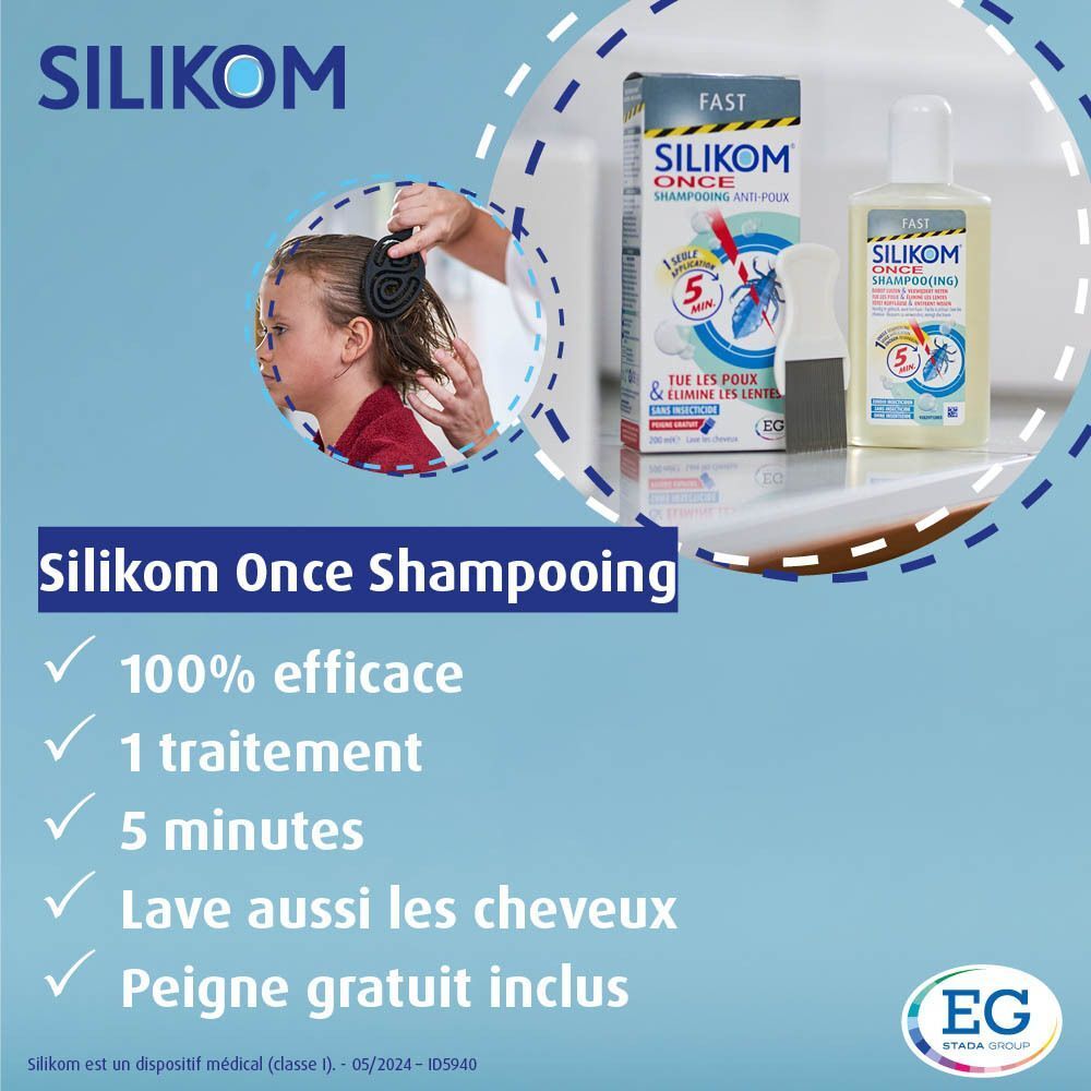 Silikom Once Shampooing, flacon, boîte et peigne. Texte : 100% efficace, 1 traitement, 5 minutes, lave aussi les cheveux, peigne inclus.