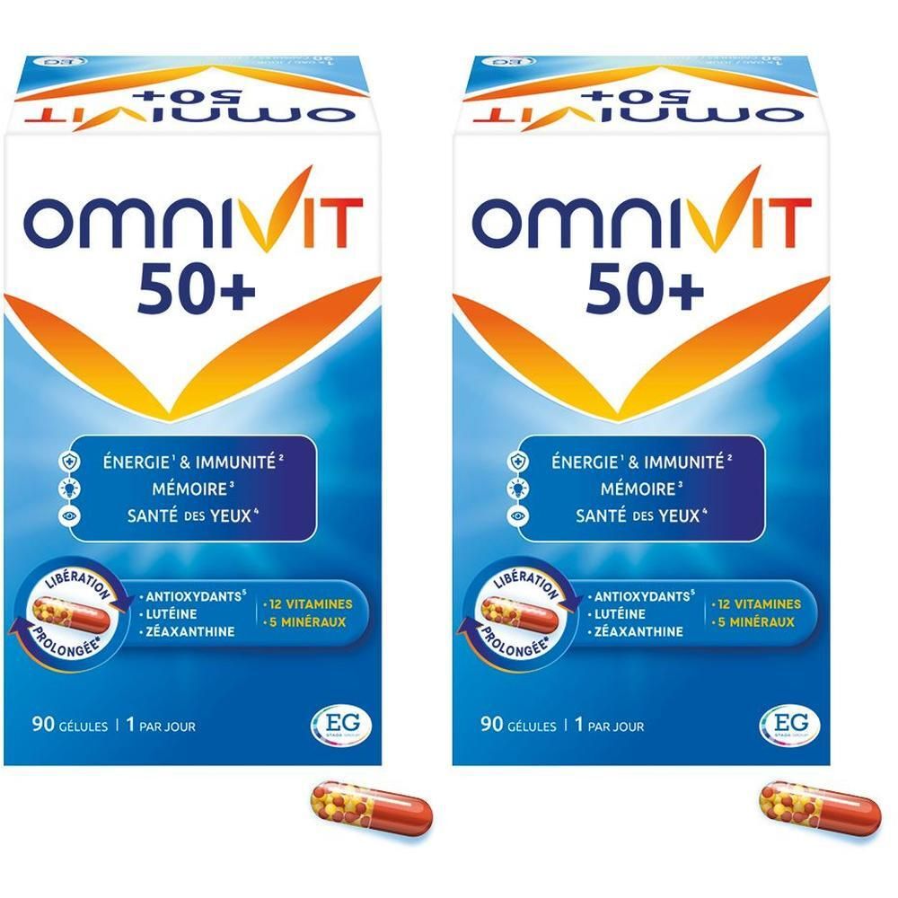Deux boîtes Omnivit 50+. Boîtes blanches avec logo orange et informations produit.