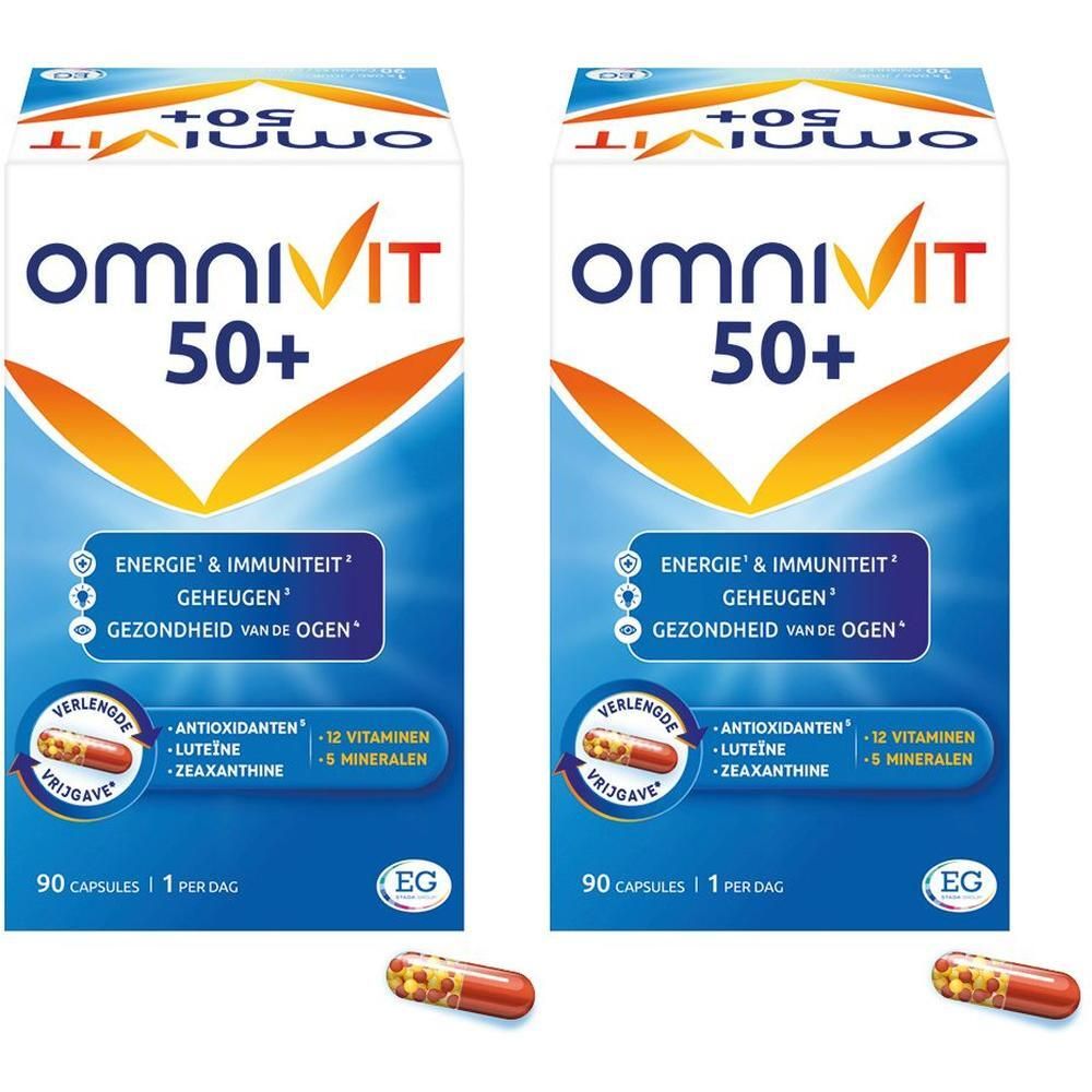 Twee verpakkingen Omnivit 50+. Witte dozen met oranje logo en productinformatie.