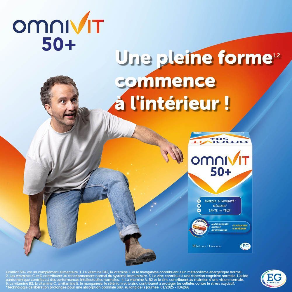 Homme posant près d'une boîte Omnivit 50+. Texte : Une pleine forme commence à l'intérieur !