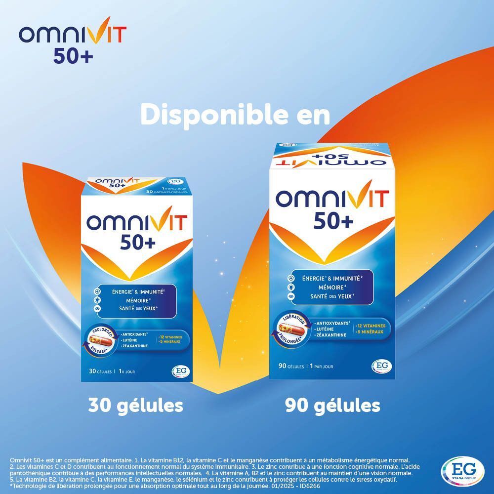Boîtes Omnivit 50+ en deux tailles : 30 et 90 gélules.
