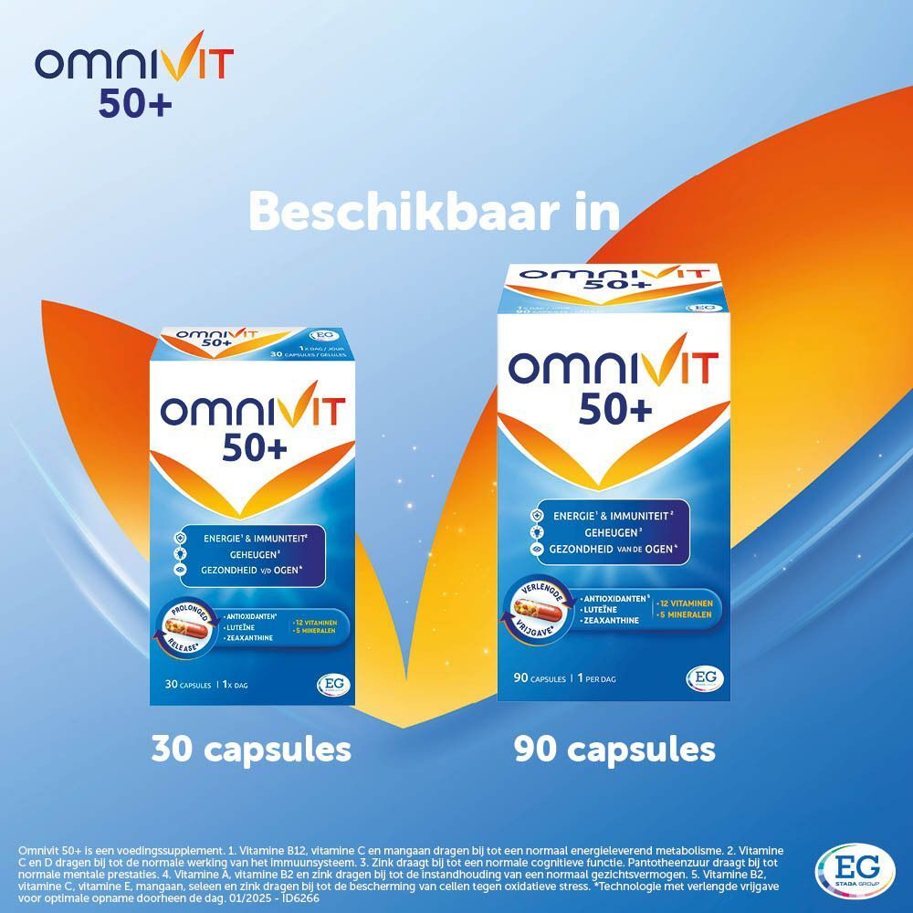 Omnivit 50+ verpakkingen in twee formaten: 30 en 90 capsules.