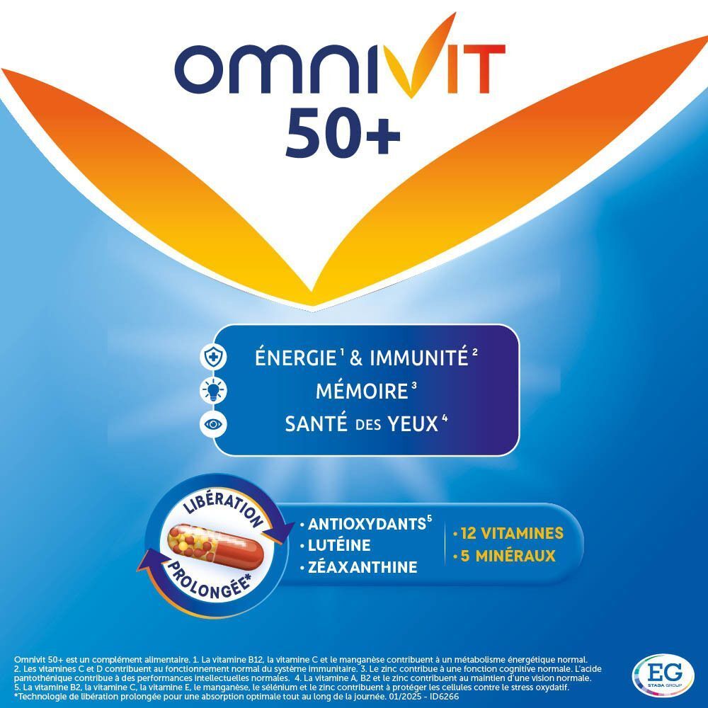 Logo Omnivit 50+. Texte : Énergie, immunité, mémoire, santé des yeux. Gélule.
