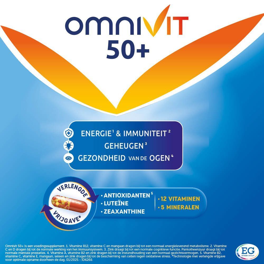 Omnivit 50+ logo. Tekst: Energie, immuunsysteem, geheugen, ooggezondheid. Capsule.