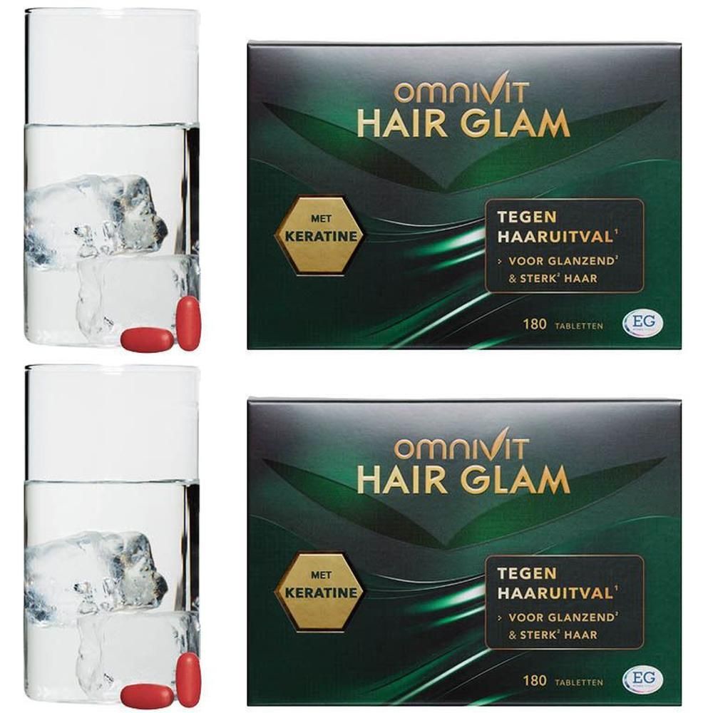 Twee glazen met ijsblokjes en elk een rode capsule. Twee dozen Omnivit Hair Glam, tekst: Tegen Haaruitval.