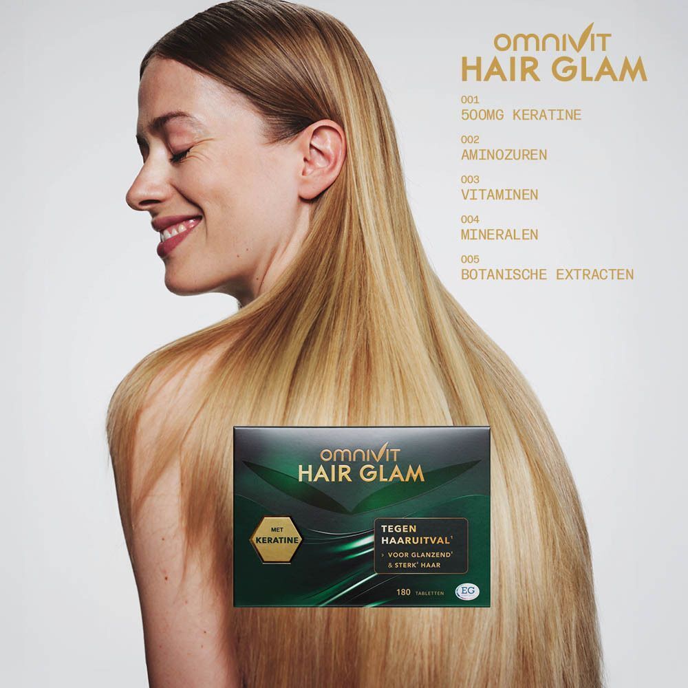 Vrouw met lang haar en een doos Omnivit Hair Glam. Tekst: 500mg Kératine, Aminozuren, Vitaminen, Mineralen.