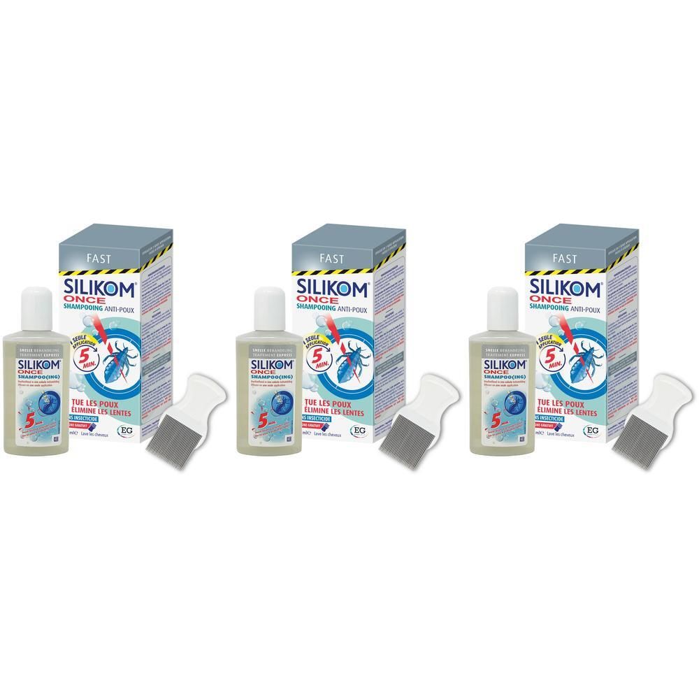 Trois boîtes et flacons Silikom Once Shampooing, avec trois peignes à poux. Inscription: Anti-Poux et Lentes.