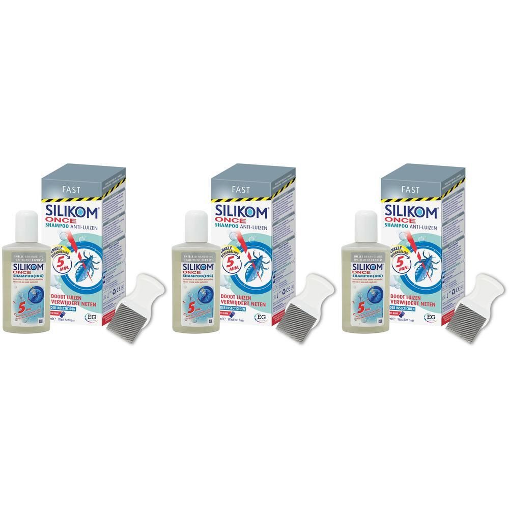 Drie dozen en flessen Silikom Once Shampooing, met drie luizenkammen. Opschrift: Anti-Luizen.