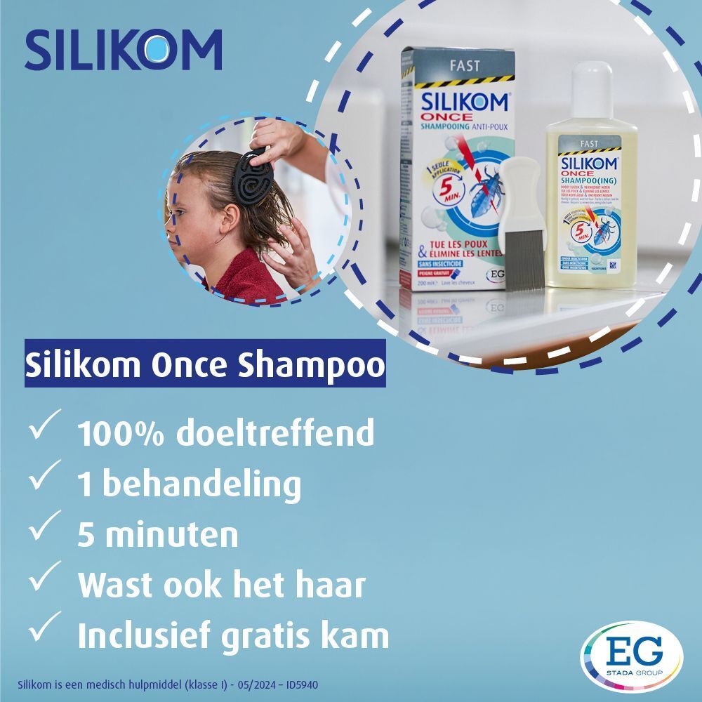Silikom Once Shampoo, fles, doos en kam. Tekst: 100% doeltreffend, 1 behandeling, 5 minuten, Inclusief gratis kam.