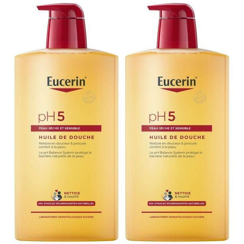 Deux flacons de Eucerin pH5 Huile de Douche. Flacons jaunes avec pompe rouge. Texte: pH5, Huile de Douche.