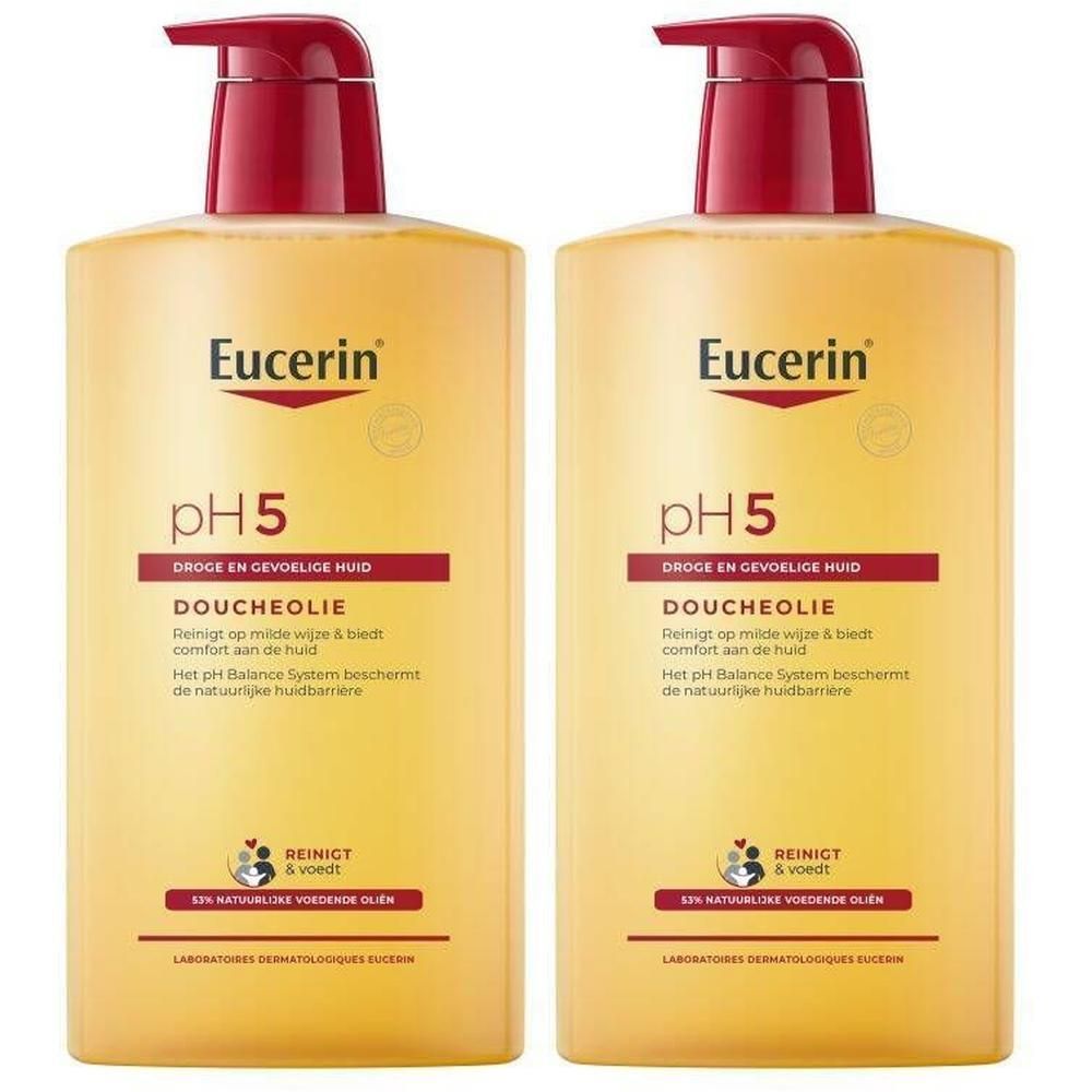 Twee flessen Eucerin pH5 Doucheolie. Gele flessen met rode pomp. Tekst: pH5, Doucheolie.