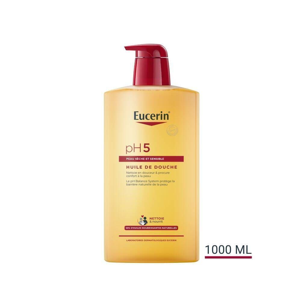 Un flacon de Eucerin pH5 Huile de Douche. Flacon jaune avec pompe rouge. Texte: pH5, Huile de Douche, 1000 ML.