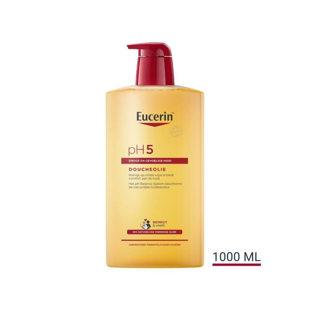 Een fles Eucerin pH5 Doucheolie. Gele fles met rode pomp. Tekst: pH5, Doucheolie, 1000 ML.