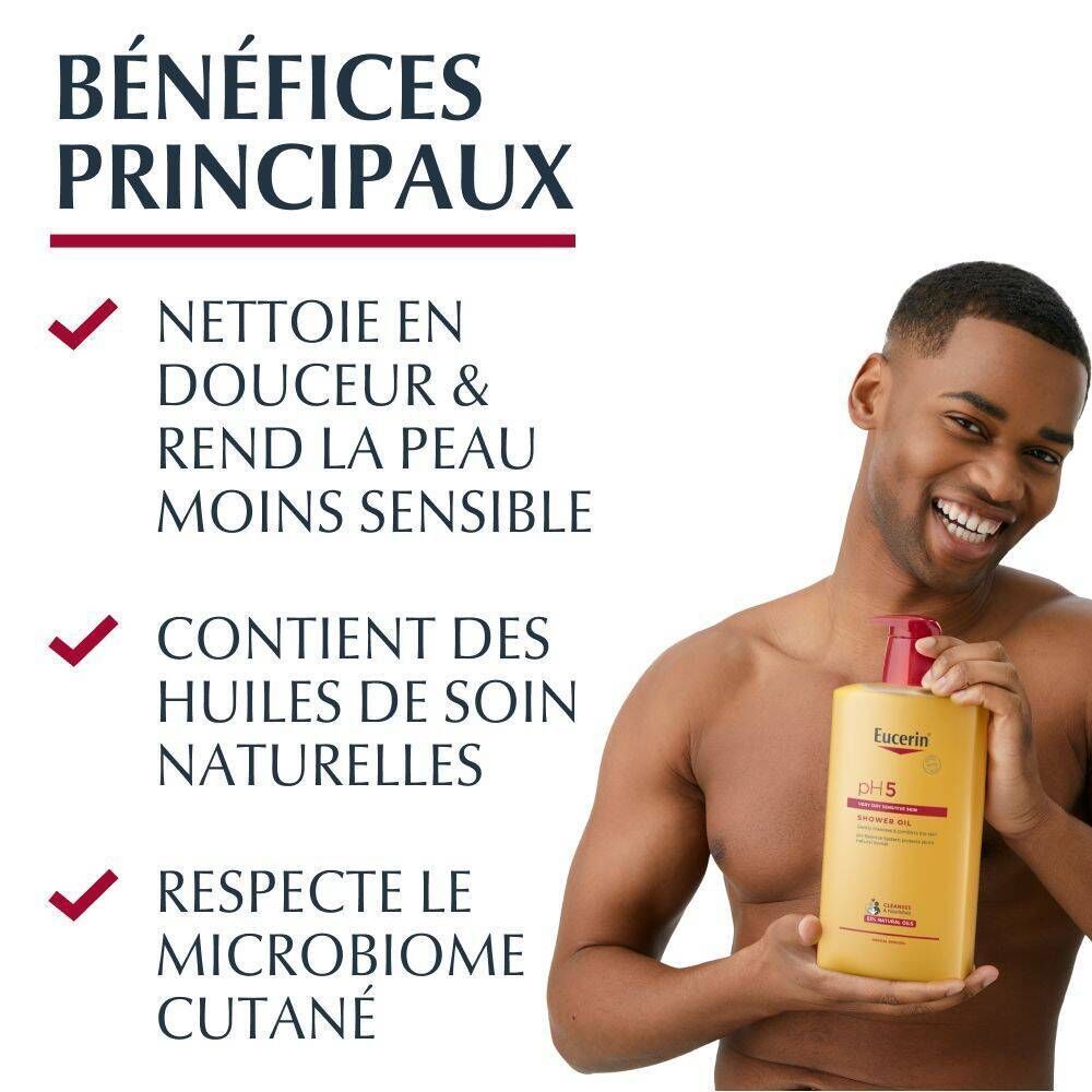 Homme tenant Eucerin pH5 Huile de Douche. Texte: Nettoie en douceur, Contient des huiles, Respecte le microbiome.