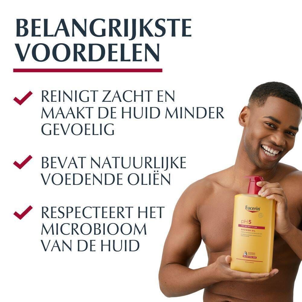 Man houdt Eucerin pH5 Doucheolie vast. Tekst: Reinigt zacht, Bevat natuurlijke oliën, Respecteert het microbioom.