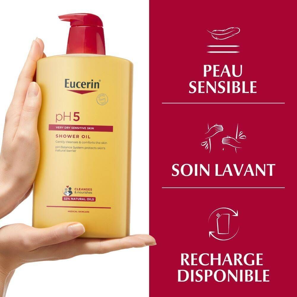 Main tenant Eucerin pH5 Huile de Douche. Texte: pH5, Shower Oil, Peau sèche et sensible, Recharge disponible.
