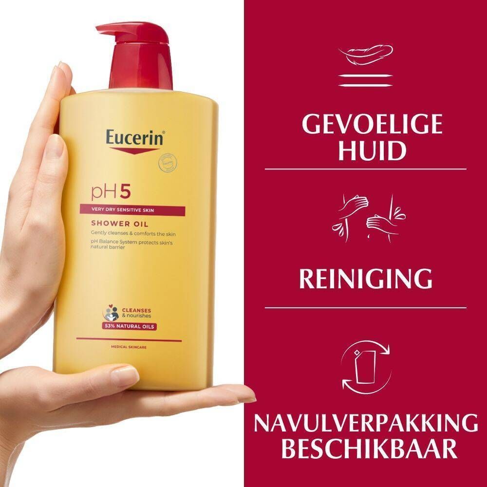 Hand houdt Eucerin pH5 Shower Oil vast. Tekst: pH5, Shower Oil, Droge en gevoelige huid, Navulverpakking beschikbaar.