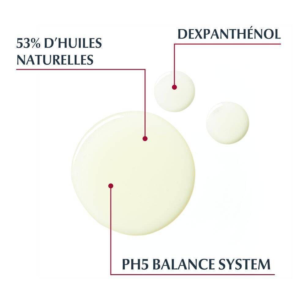 Gros plan sur des gouttes. Texte: 53% d'huiles naturelles, Dexpanthenol, pH5 Balance System.
