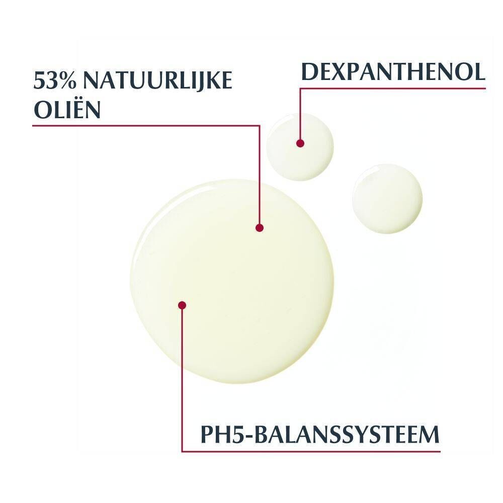 Close-up van druppels. Tekst: 53% natuurlijke oliën, Dexpanthenol, pH5-Balanssysteem.