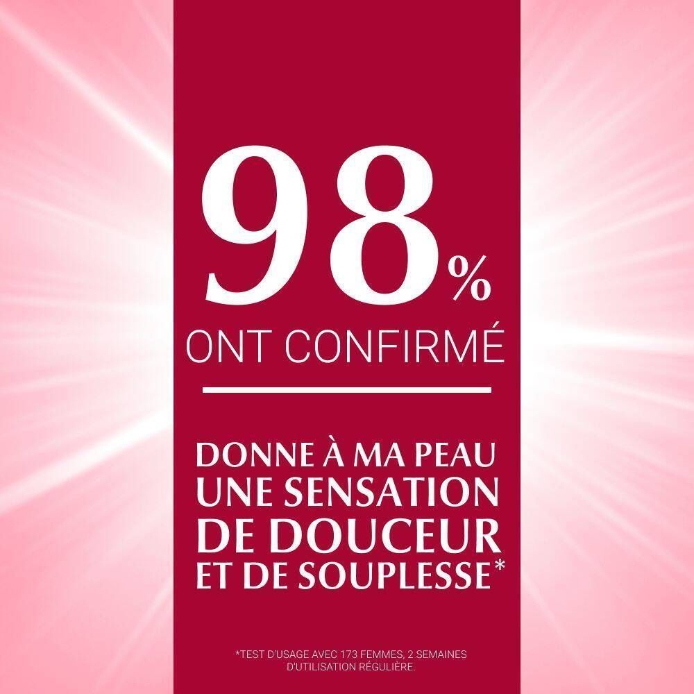 Texte sur fond rose. Texte: 98% ont confirmé, Donne à ma peau une sensation de douceur et de souplesse.