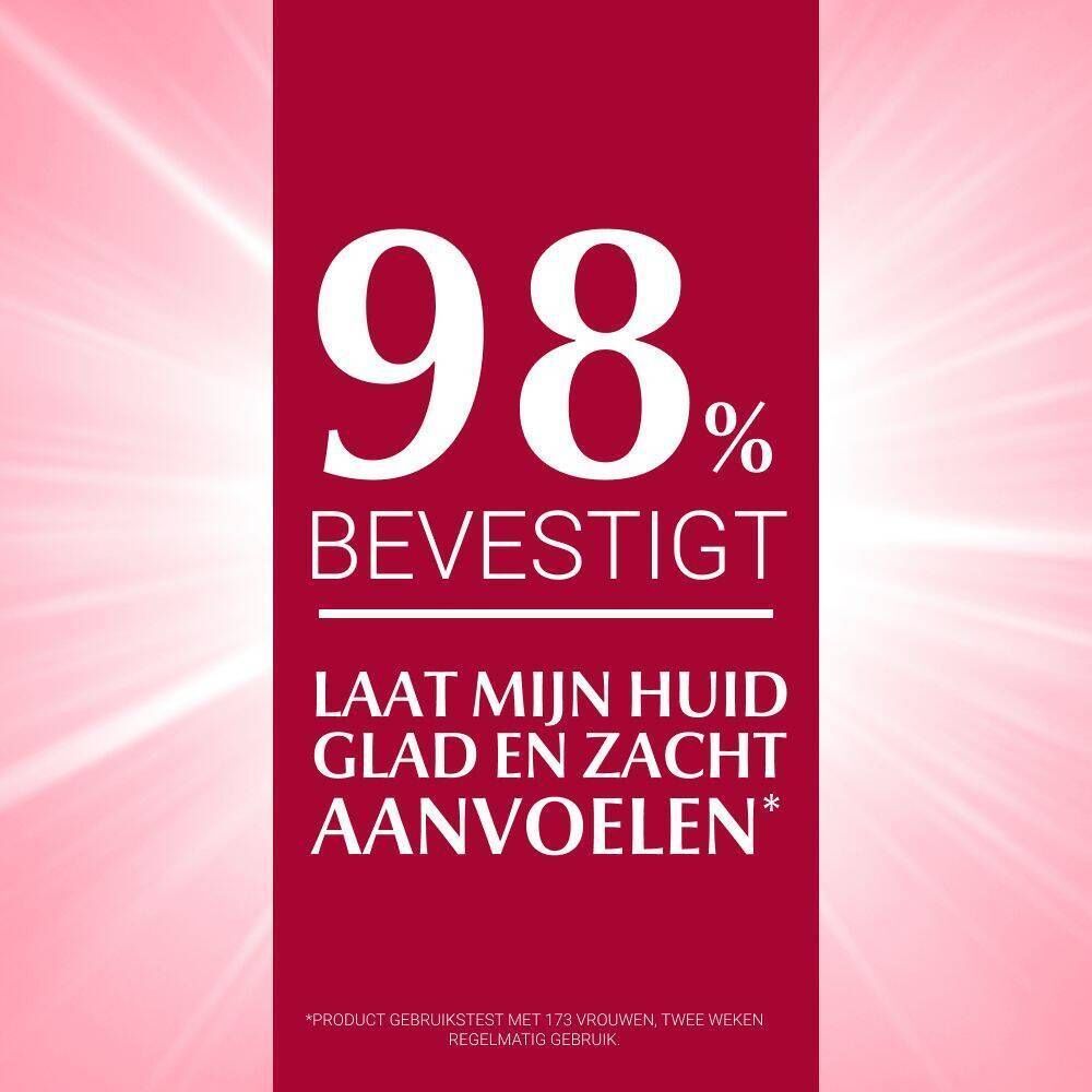 Tekst op roze achtergrond. Tekst: 98% bevestigt, Laat mijn huid glad en zacht aanvoelen.
