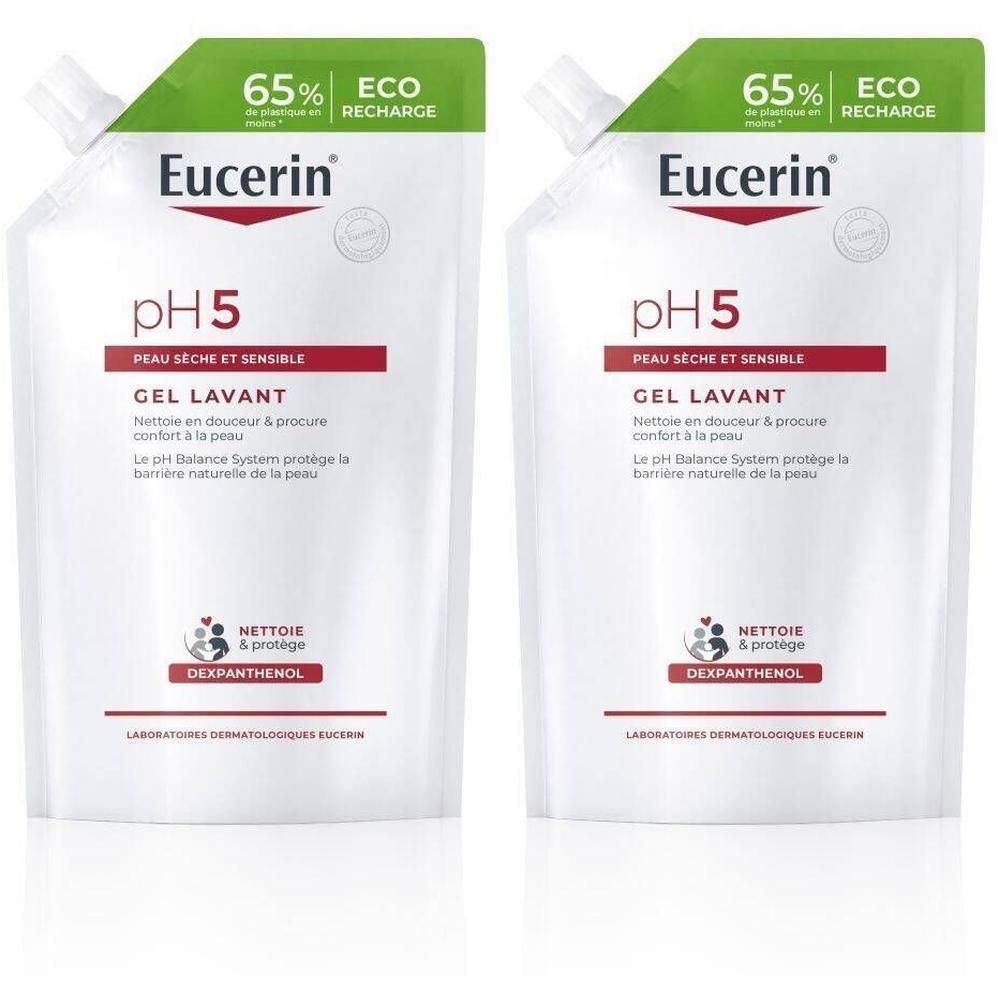 Deux recharges Eucerin pH5 Gel Lavant. Blanc, avec texte rouge et vert.