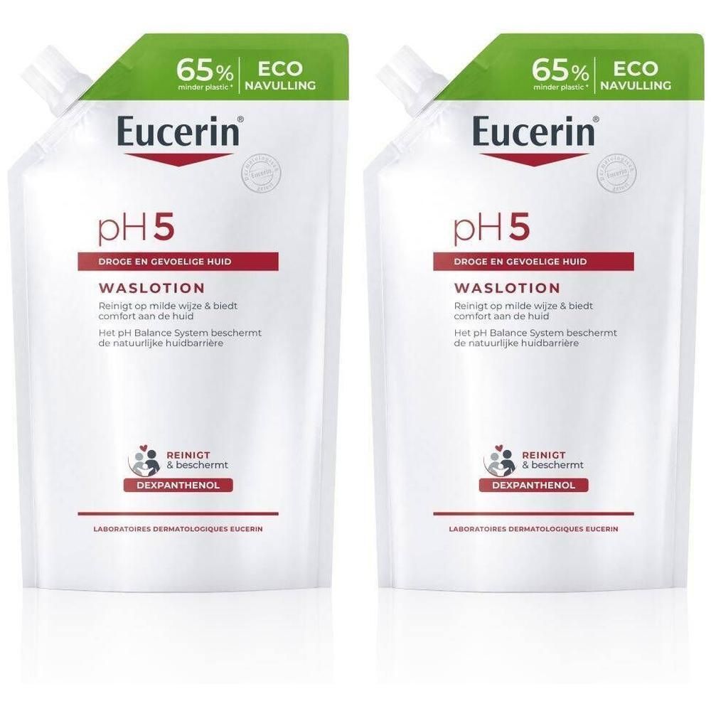 Twee navulverpakkingen Eucerin pH5 Waslotion. Wit, met rode en groene tekst.