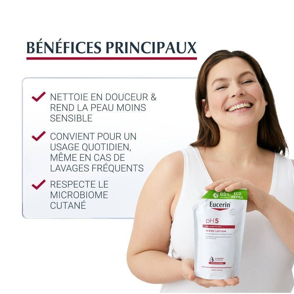 Femme tenant une recharge Eucerin pH5 Gel Lavant. Texte : Avantages, nettoyage doux.